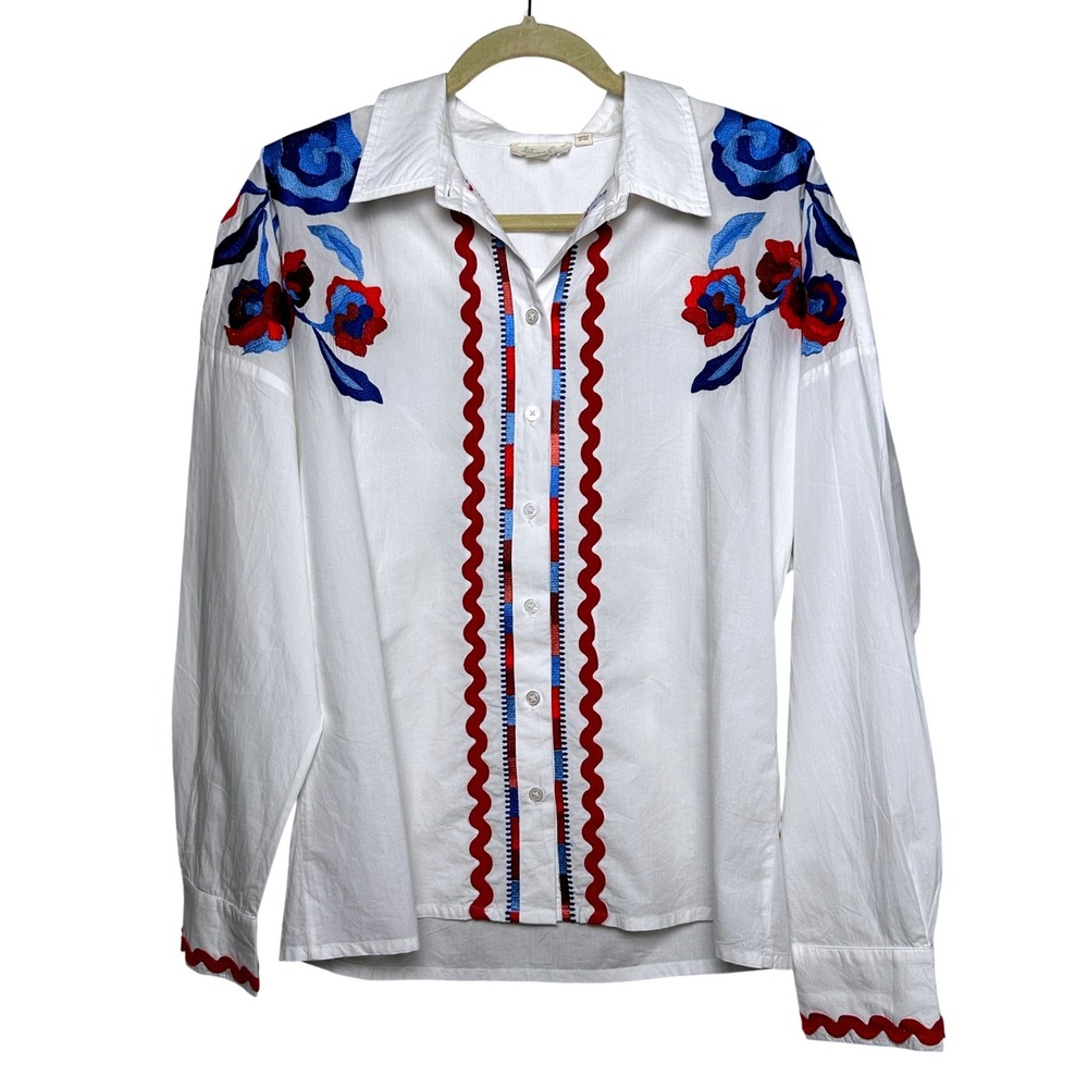 Let Me Be Anthropologie Embroidered Floral Ric Rac Cotton Button Down Shirt M